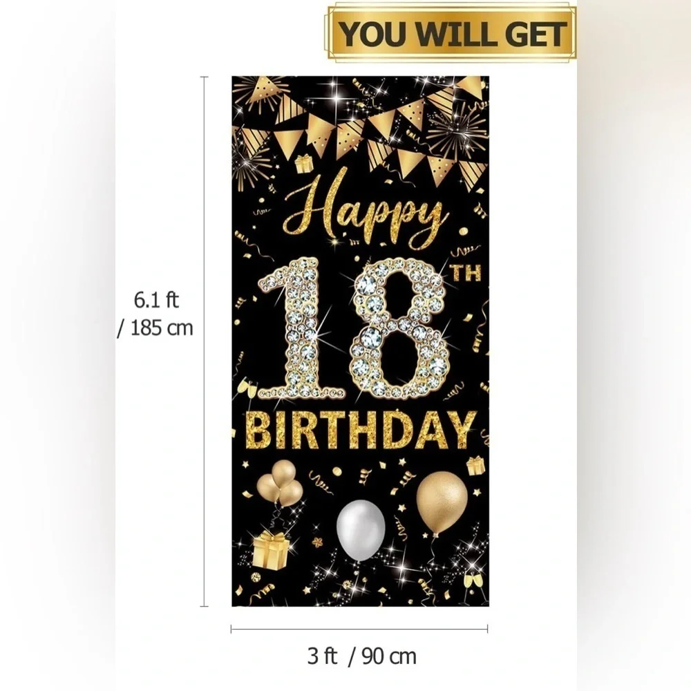 Gold and Black 18th Birthday Party Door Banner